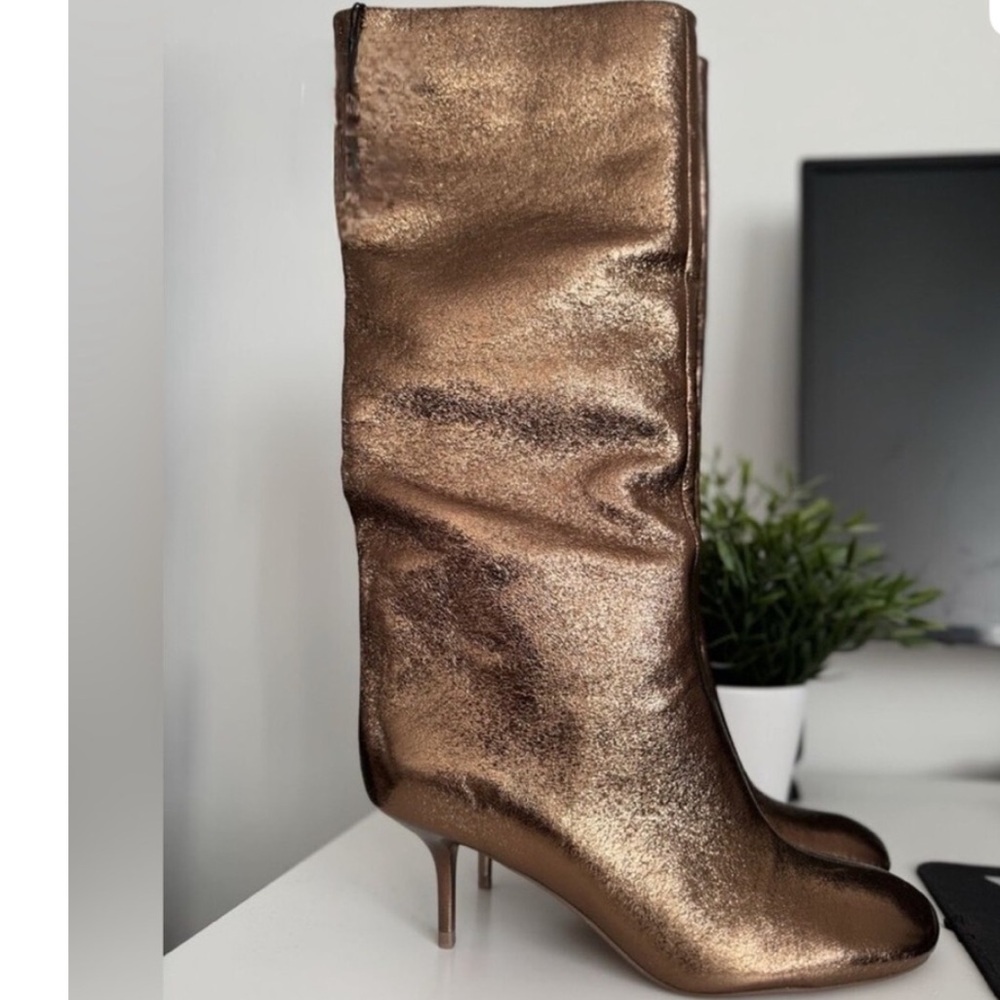 Zara Metallic Golden Bronze Kitten Heel Boots Knee High Size US 6 EU36 NWT